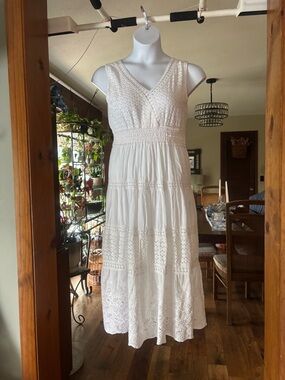 NAOO Women’s White V-Neck Crochet Tiered Midi Dress 100% Cotton Size Large